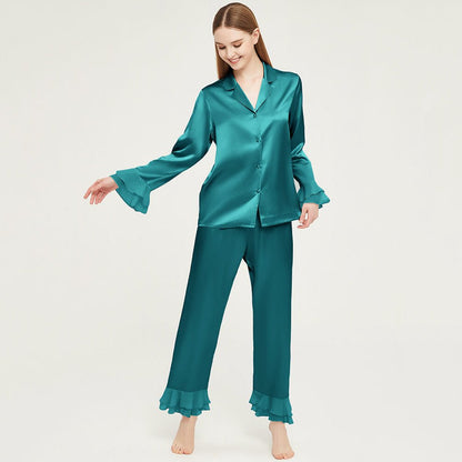 Luxury women silk two-piece pjs 100% Mulberry Ruffled silk pajamas