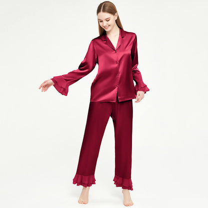 Luxury women silk two-piece pjs 100% Mulberry Ruffled silk pajamas