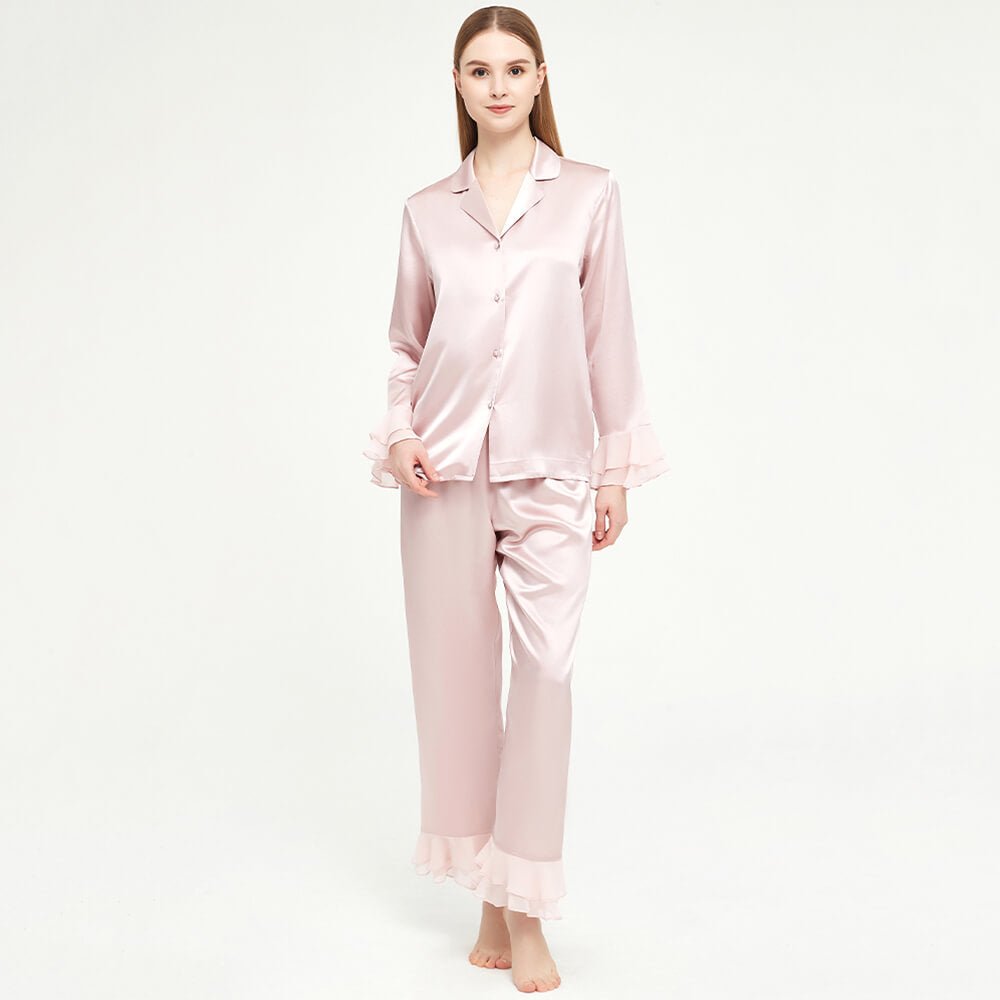 Luxury women silk two-piece pjs 100% Mulberry Ruffled silk pajamas