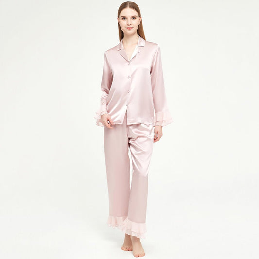 Luxury women silk two-piece pjs 100% Mulberry Ruffled silk pajamas