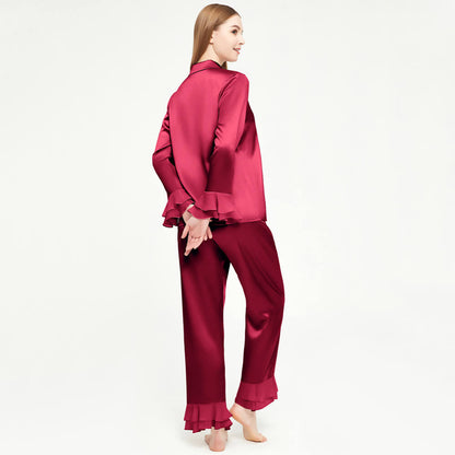 Luxury women silk two-piece pjs 100% Mulberry Ruffled silk pajamas