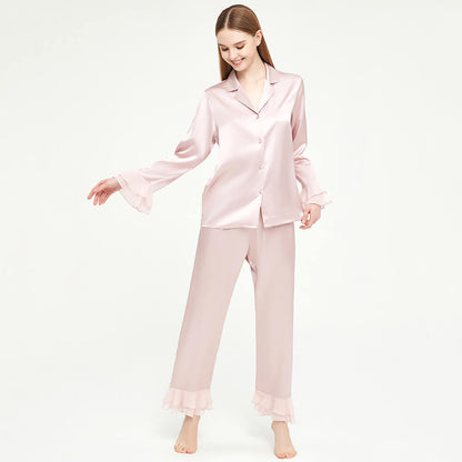 Luxury women silk two-piece pjs 100% Mulberry Ruffled silk pajamas