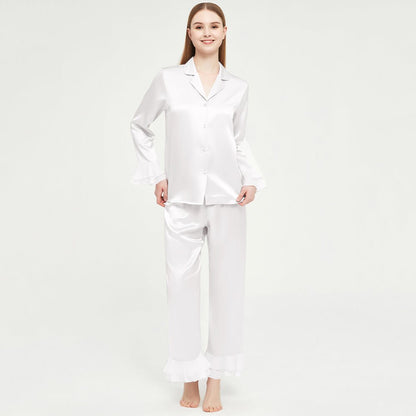 Luxury women silk two-piece pjs 100% Mulberry Ruffled silk pajamas