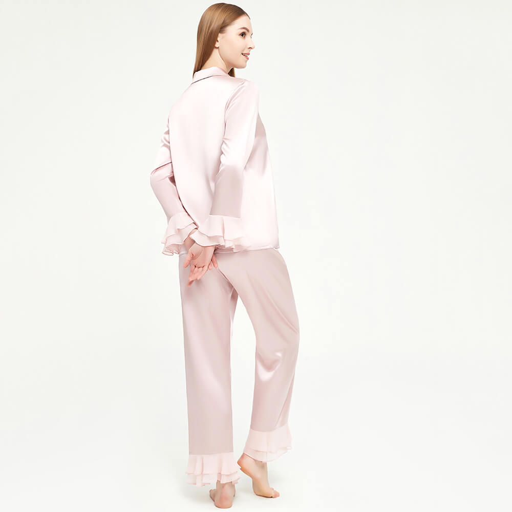 Luxury women silk two-piece pjs 100% Mulberry Ruffled silk pajamas