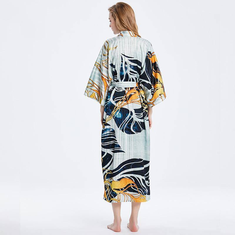 Mulberry pure Long sleeve printing Silk Kimono for women Silk Bathrobe