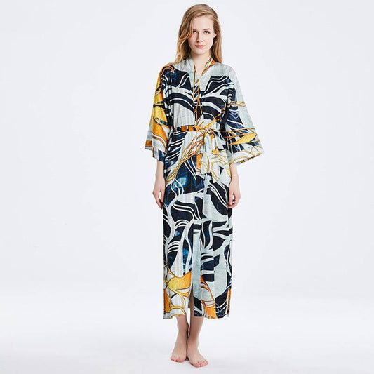 Mulberry pure Long sleeve printing Silk Kimono for women Silk Bathrobe