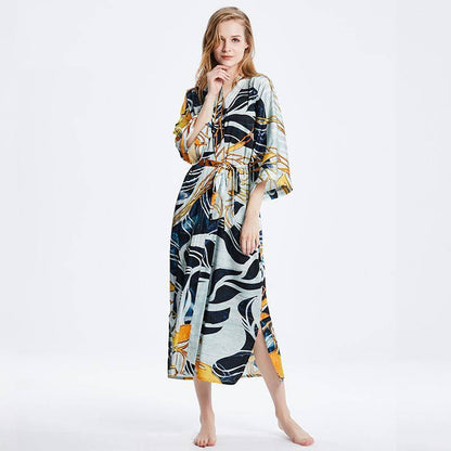 Mulberry pure Long sleeve printing Silk Kimono for women Silk Bathrobe