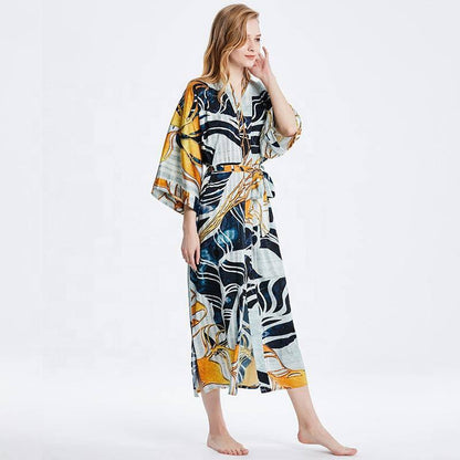 Mulberry pure Long sleeve printing Silk Kimono for women Silk Bathrobe