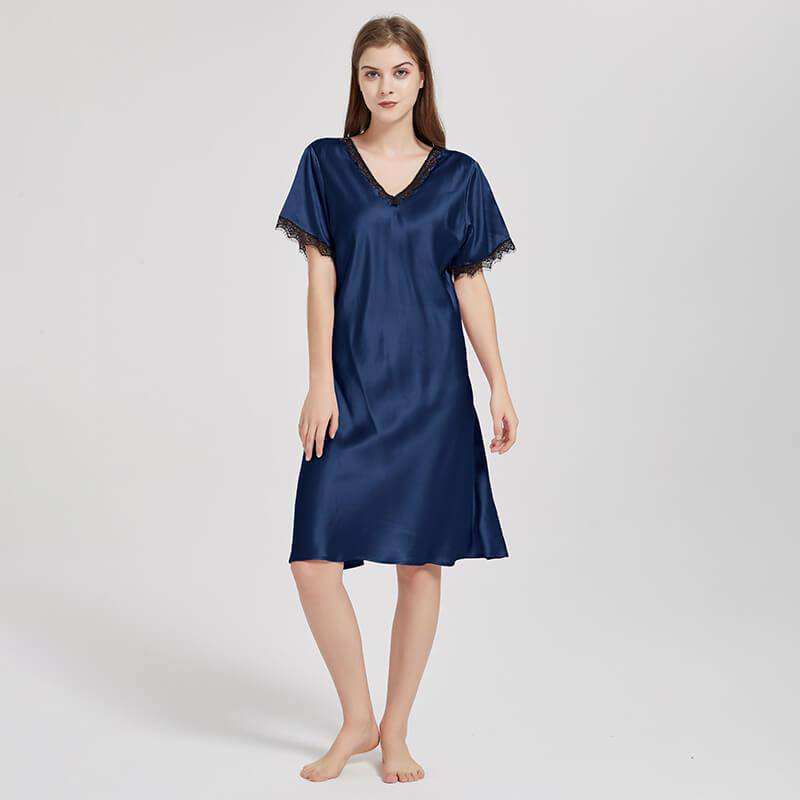 Mulberry Silk Chemise Women's short sleeve pure Silk Nighties with Lace