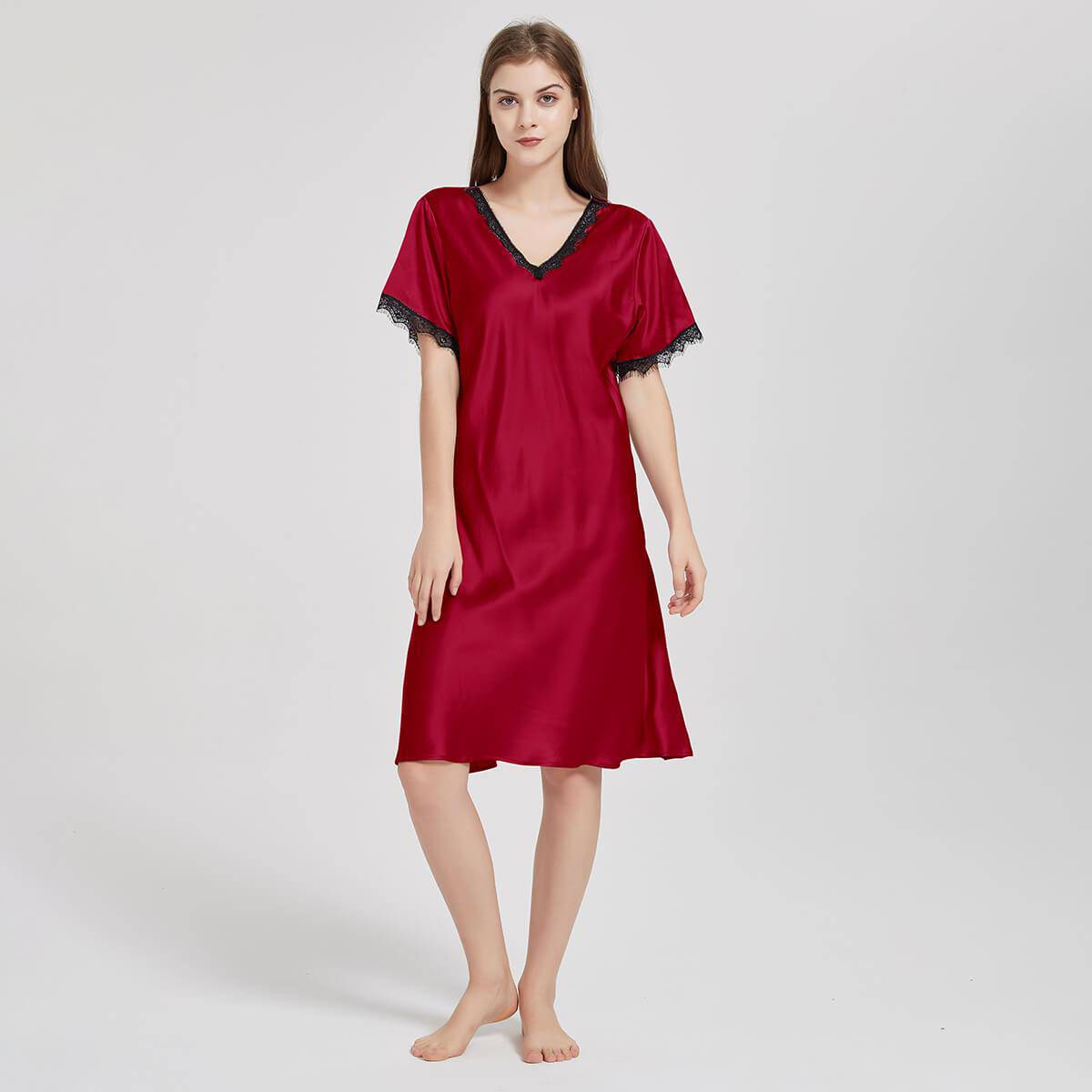 Mulberry Silk Chemise Women's short sleeve pure Silk Nighties with Lace