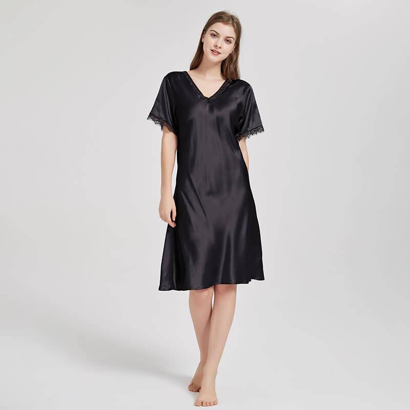 Mulberry Silk Chemise Women's short sleeve pure Silk Nighties with Lace