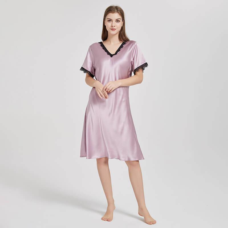 Mulberry Silk Chemise Women's short sleeve pure Silk Nighties with Lace