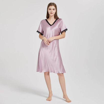 Mulberry Silk Chemise Women's short sleeve pure Silk Nighties with Lace