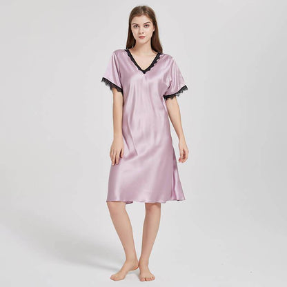 Mulberry Silk Chemise Women's short sleeve pure Silk Nighties with Lace