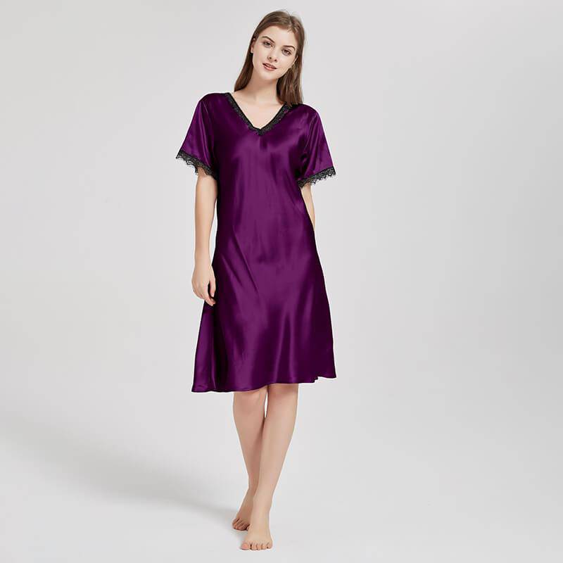 Mulberry Silk Chemise Women's short sleeve pure Silk Nighties with Lace