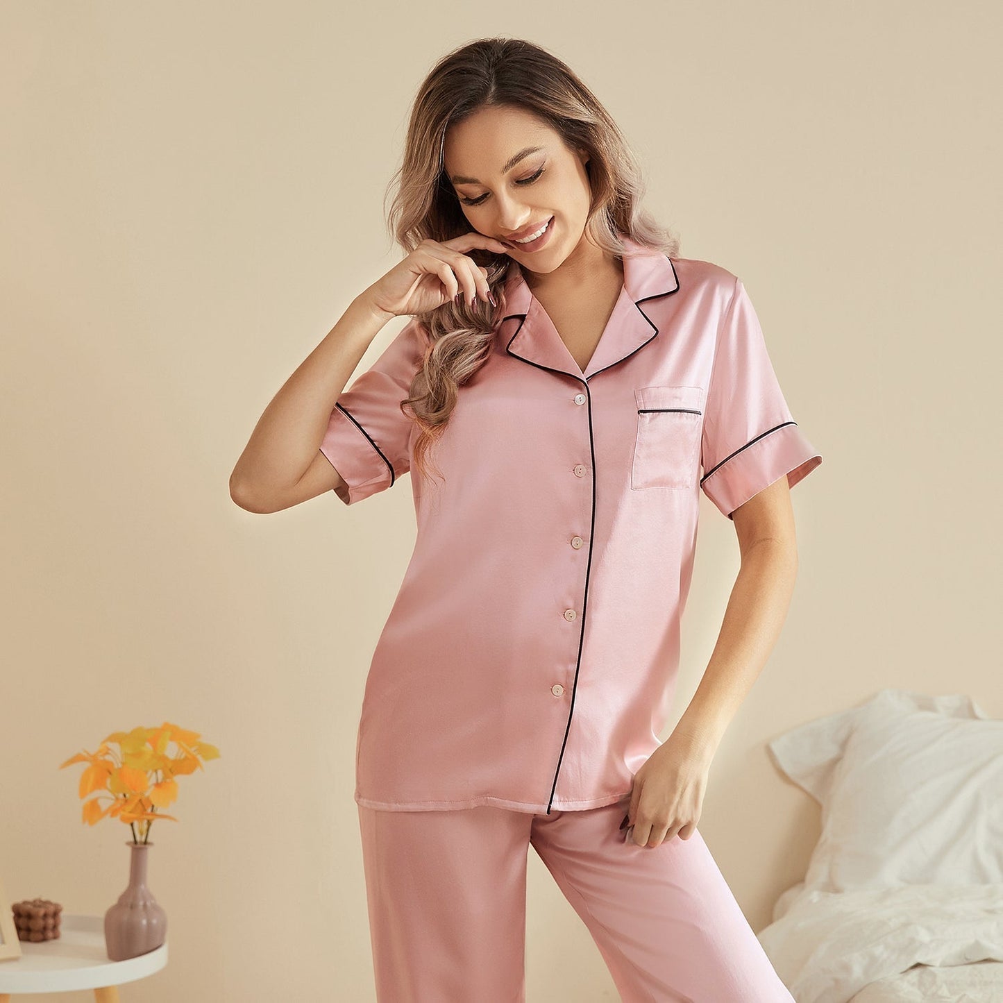 Mulberry Silk classic silk pajamas short sleeve long pants silk PJS