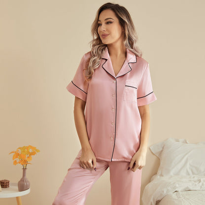 Mulberry Silk classic silk pajamas short sleeve long pants silk PJS