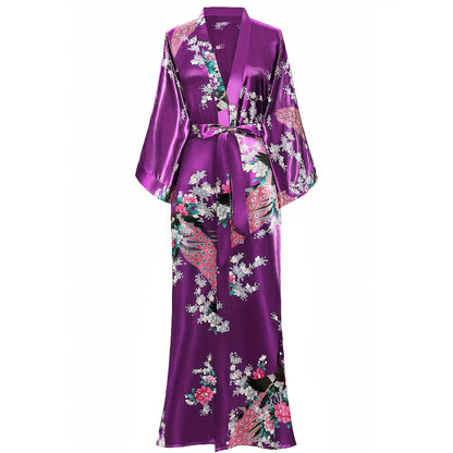 Mulberry Silk Kimono for Women Hand Painted Peacock & Flowers Nightwear