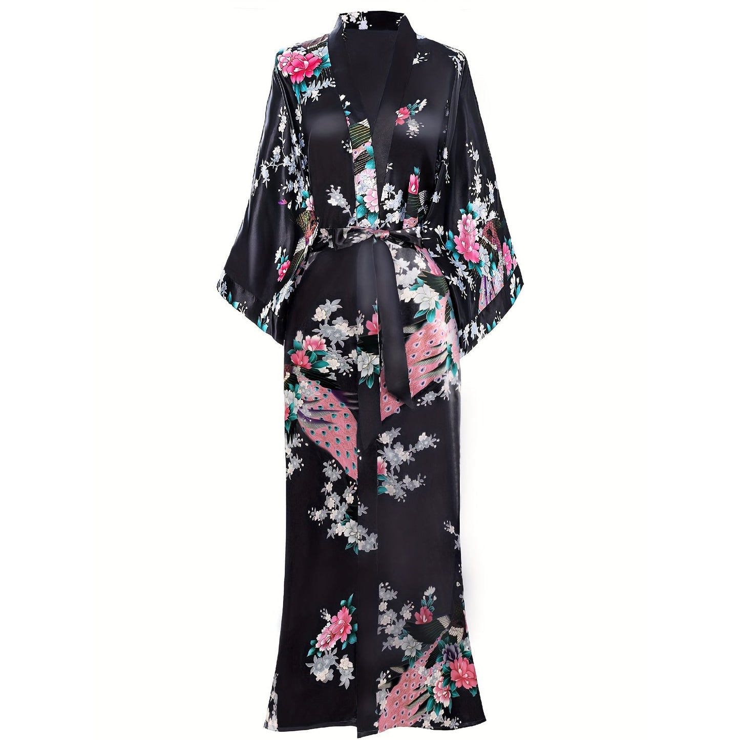 Mulberry Silk Kimono for Women Hand Painted Peacock & Flowers Nightwear