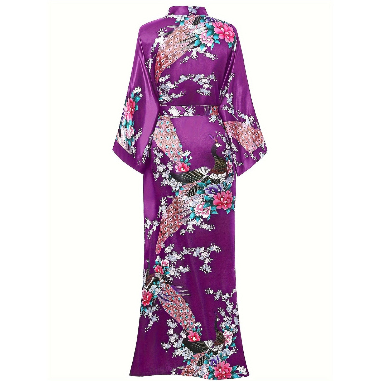 Mulberry Silk Kimono for Women Hand Painted Peacock & Flowers Nightwear