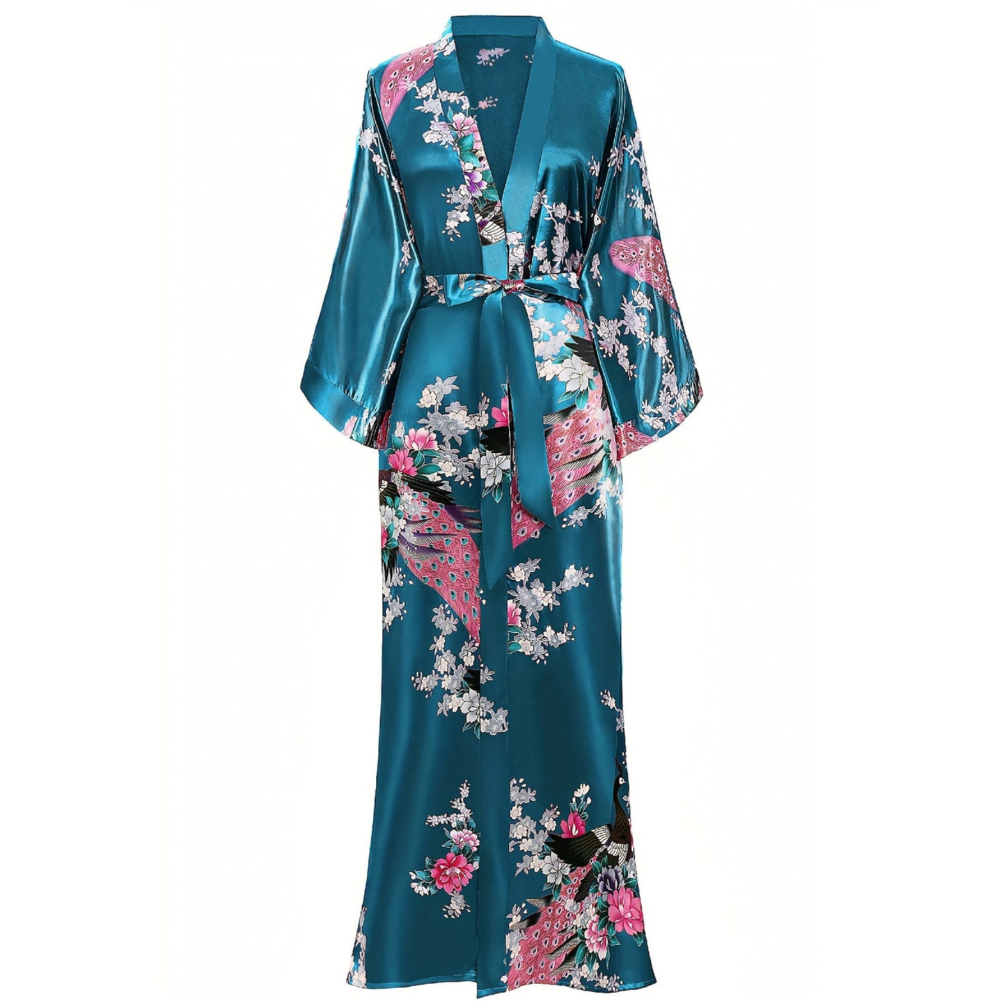 Mulberry Silk Kimono for Women Hand Painted Peacock & Flowers Nightwear