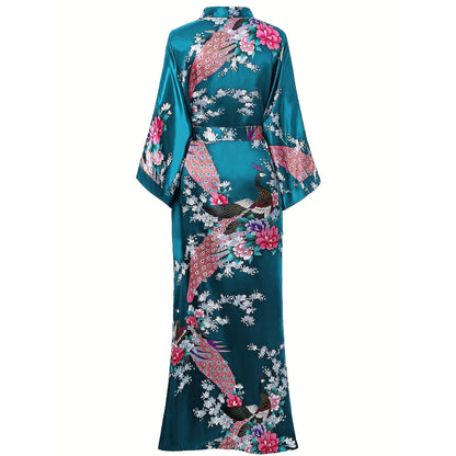 Mulberry Silk Kimono for Women Hand Painted Peacock & Flowers Nightwear