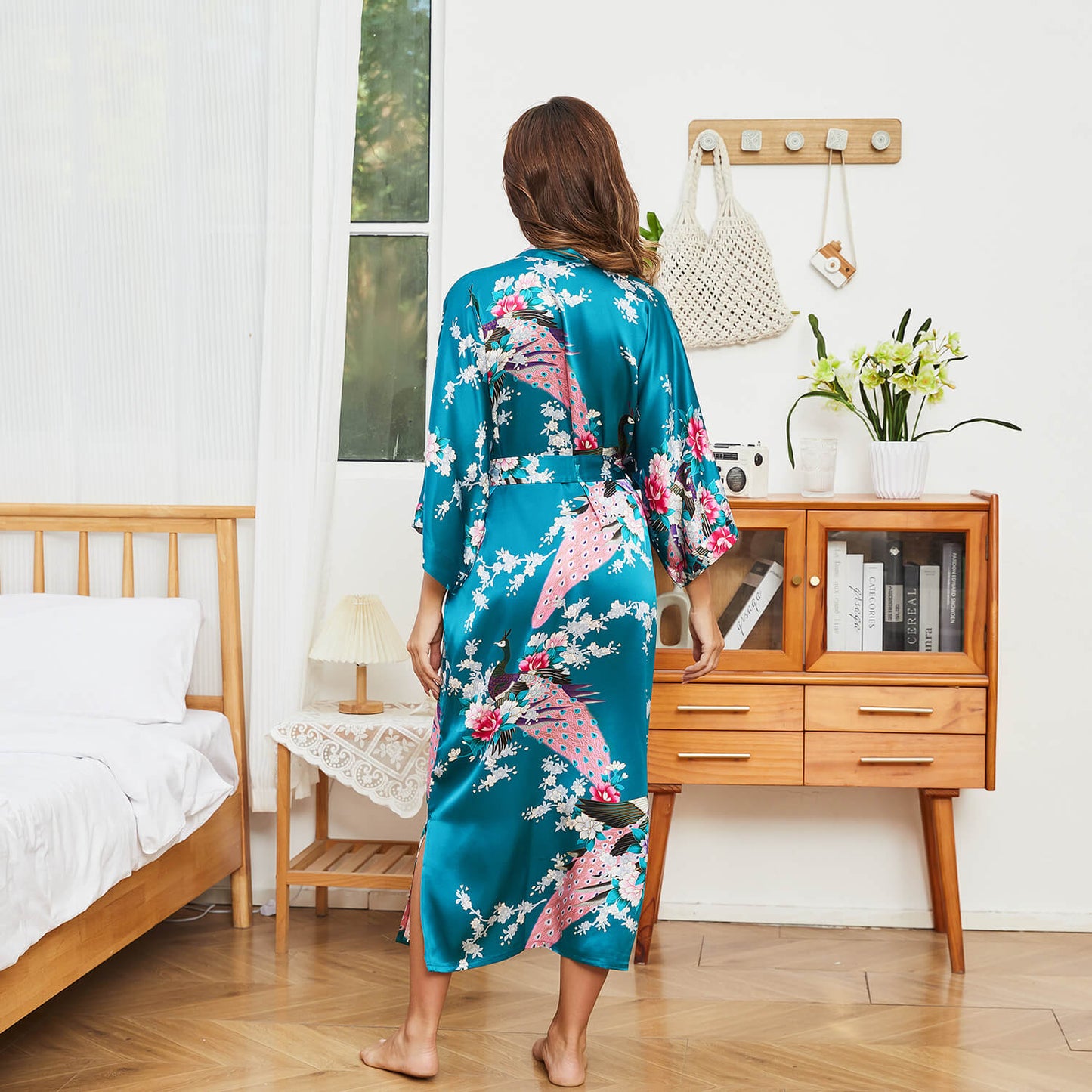 Mulberry Silk Kimono for Women Hand Painted Peacock & Flowers Nightwear