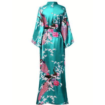 Mulberry Silk Kimono for Women Hand Painted Peacock & Flowers Nightwear