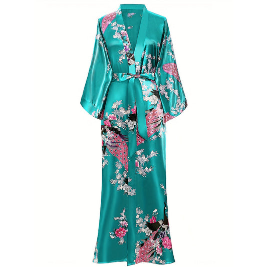 Mulberry Silk Kimono for Women Hand Painted Peacock & Flowers Nightwear