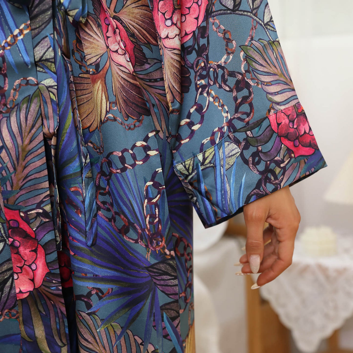 Mulberry Silk Robe floral colorful pure Silk Kimono Robe with sash