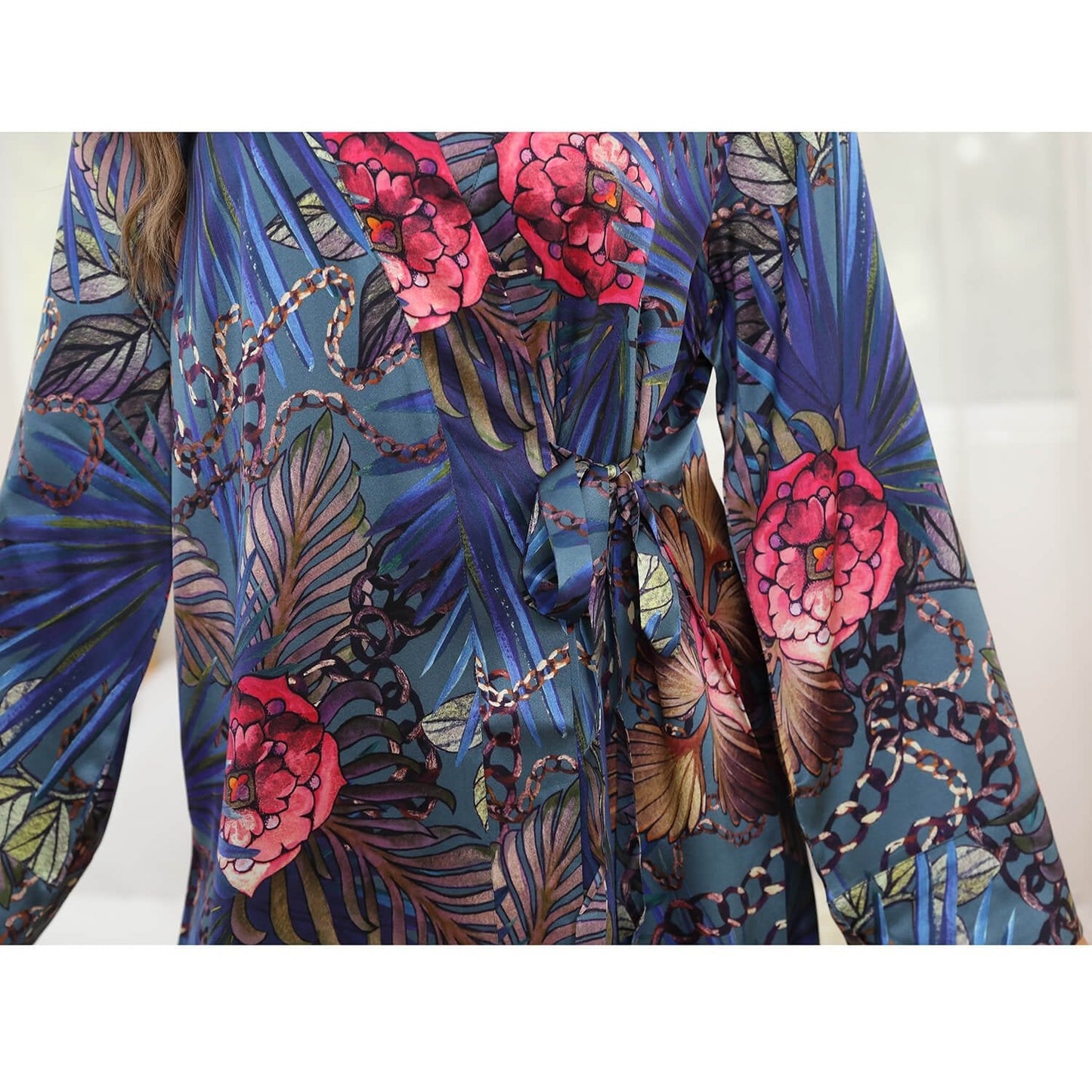 Mulberry Silk Robe floral colorful pure Silk Kimono Robe with sash