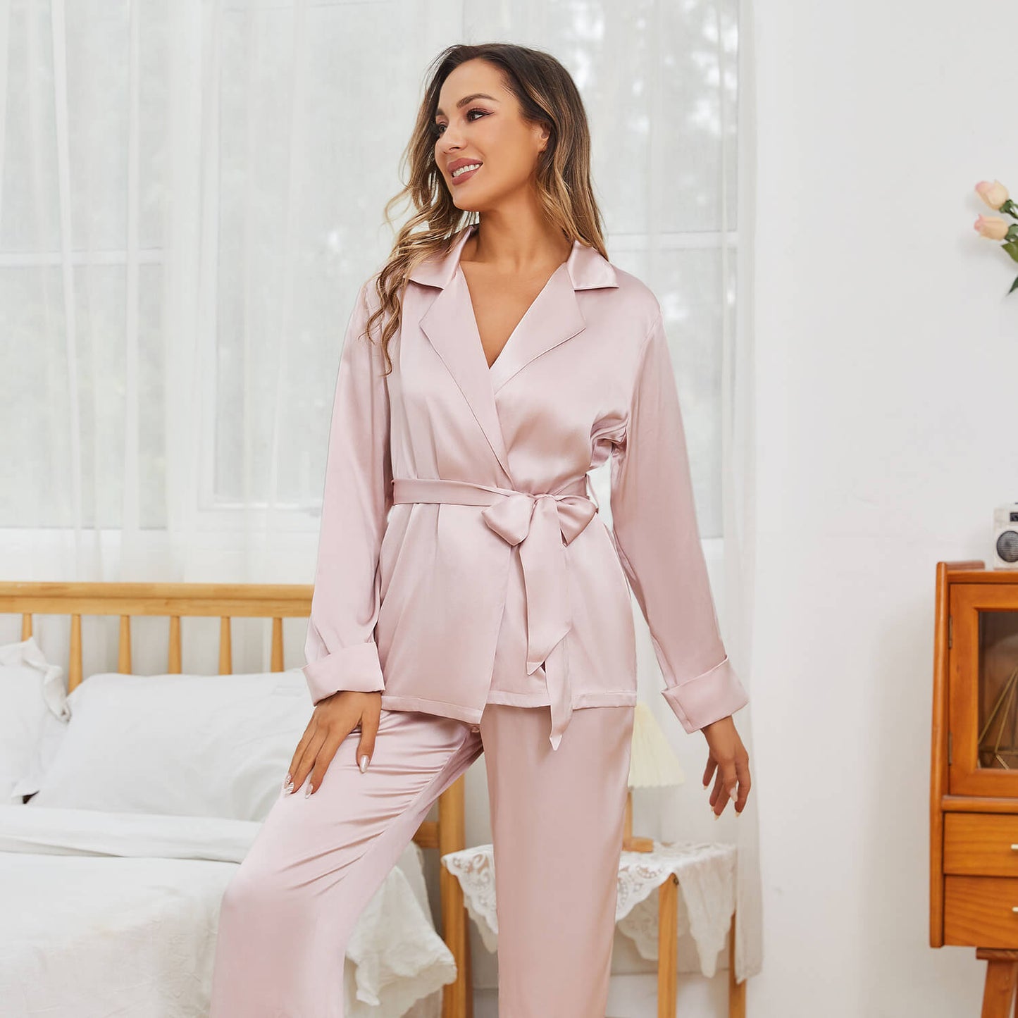 Mulberry Women's Silk Robe And Pajama Set Long Sleeve Silk Sleepwear