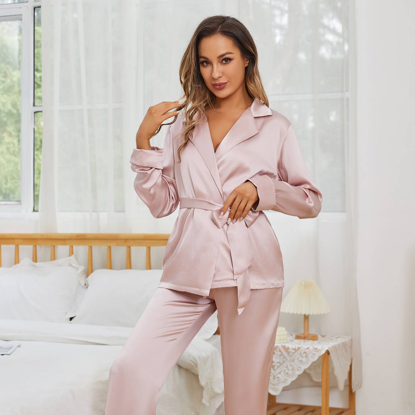 Mulberry Women's Silk Robe And Pajama Set Long Sleeve Silk Sleepwear