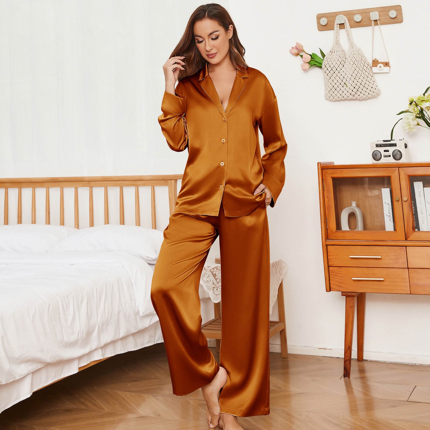 Oversized Womens Silk Pajamas Set with Wide Leg Pants 2Pcs Silk Sleepwear