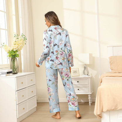 Print silk pajamas Luxury Silk Pajamas Set Floral Butterfly Print Silk PJS