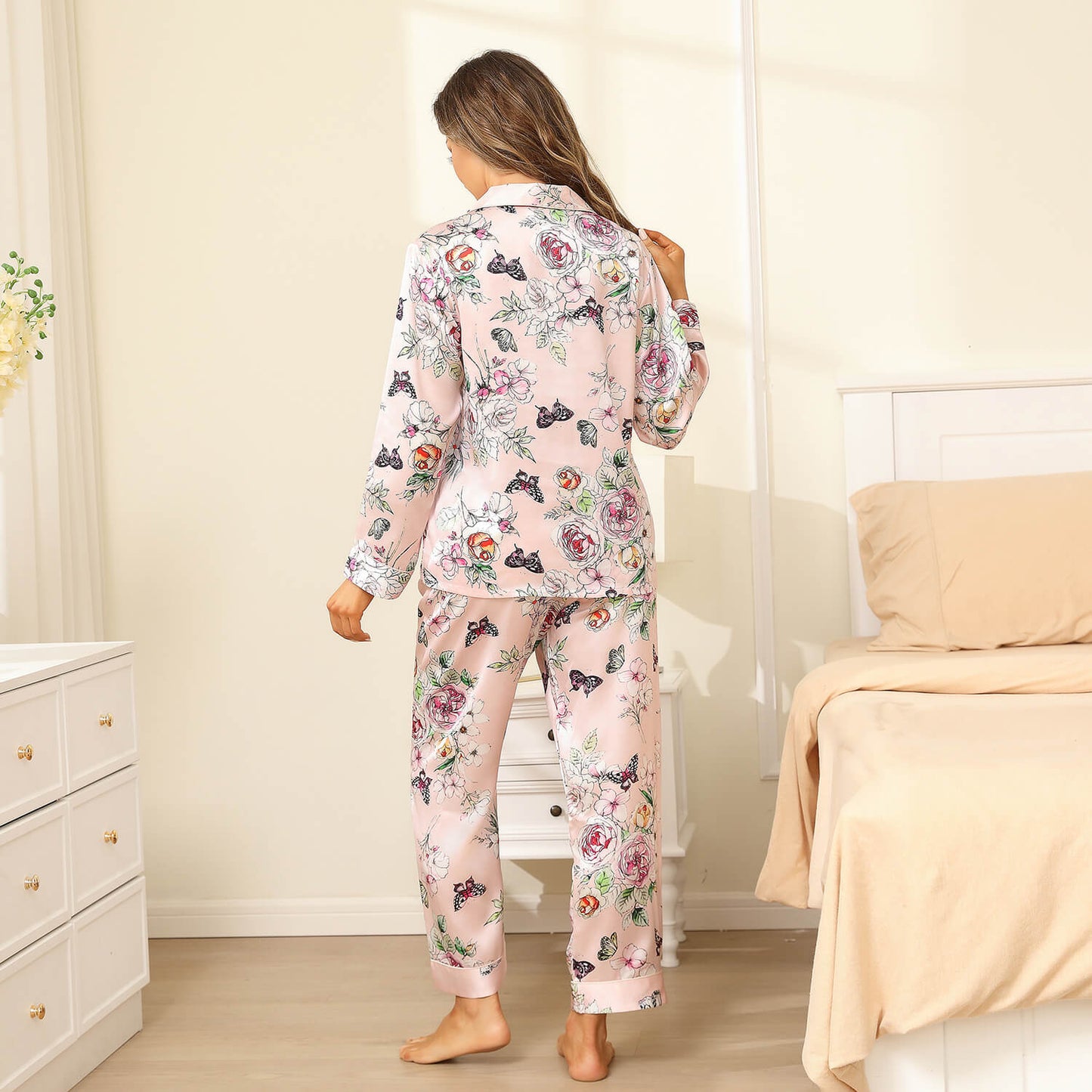 Print silk pajamas Luxury Silk Pajamas Set Floral Butterfly Print Silk PJS