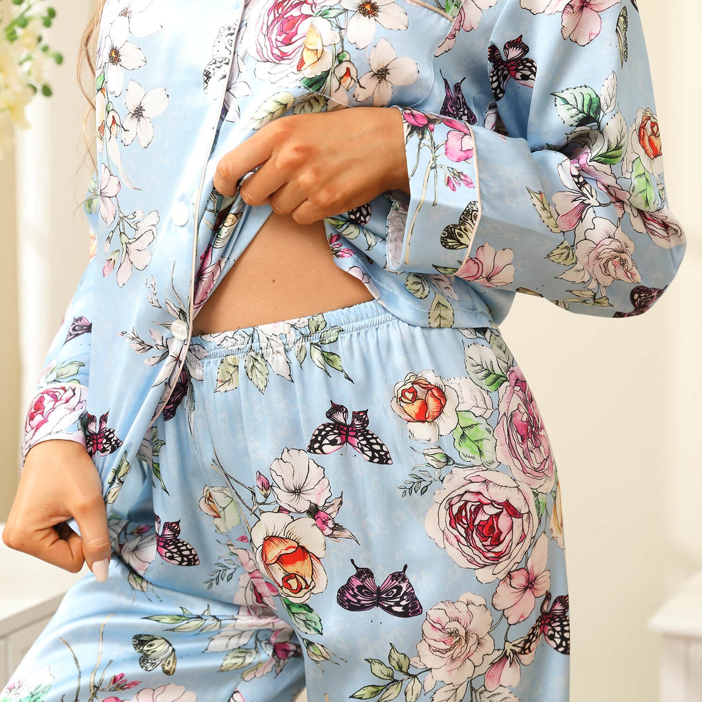 Print silk pajamas Luxury Silk Pajamas Set Floral Butterfly Print Silk PJS