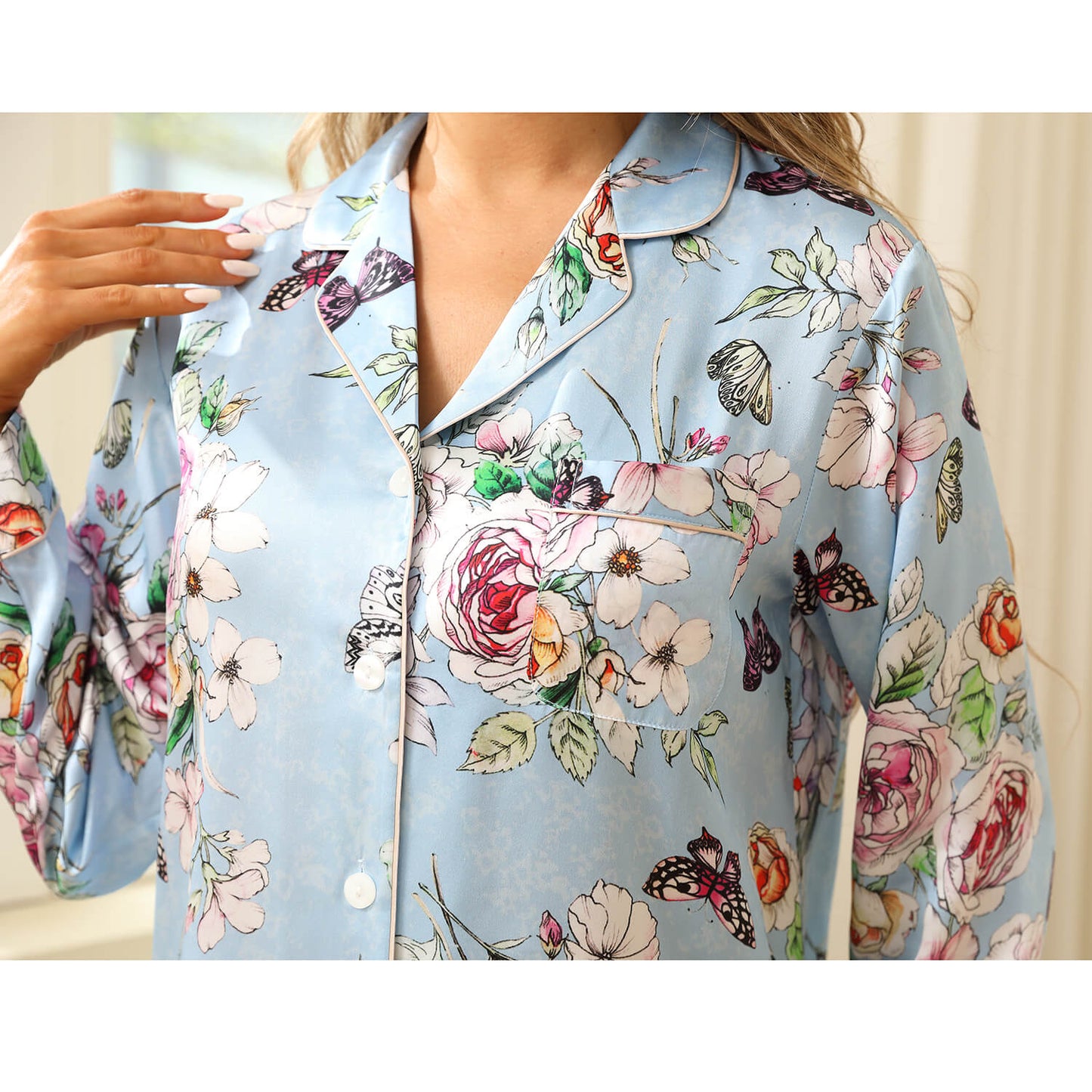 Print silk pajamas Luxury Silk Pajamas Set Floral Butterfly Print Silk PJS