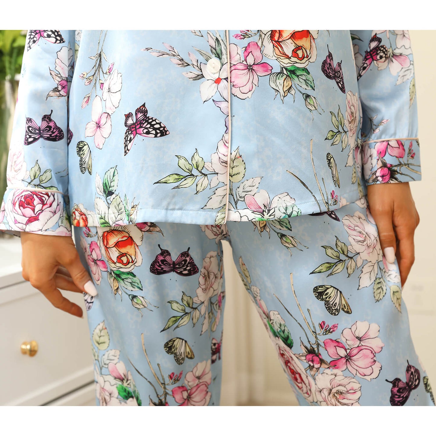 Print silk pajamas Luxury Silk Pajamas Set Floral Butterfly Print Silk PJS