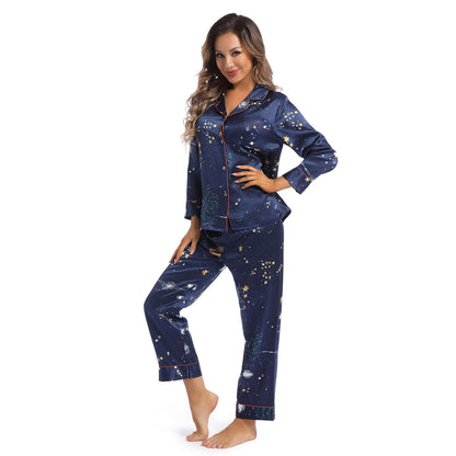 Printed silk pajama set Galaxy Women's Long Silk Two-Piece Pajamas Set