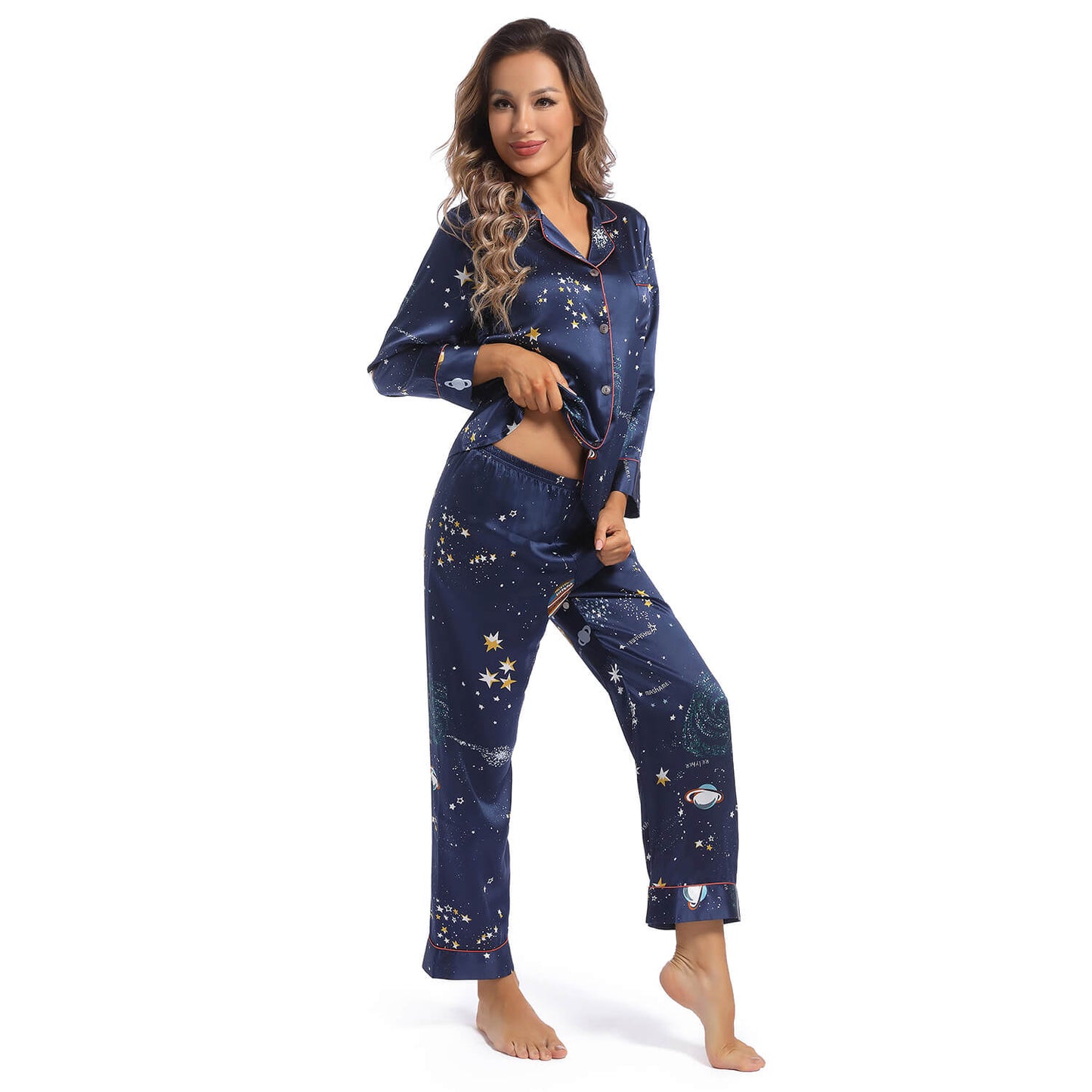 Printed silk pajama set Galaxy Women's Long Silk Two-Piece Pajamas Set