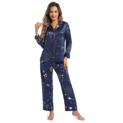 Printed silk pajama set Galaxy Women's Long Silk Two-Piece Pajamas Set