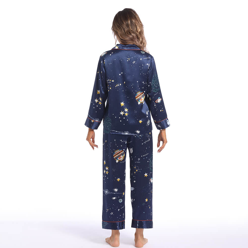 Printed silk pajama set Galaxy Women's Long Silk Two-Piece Pajamas Set