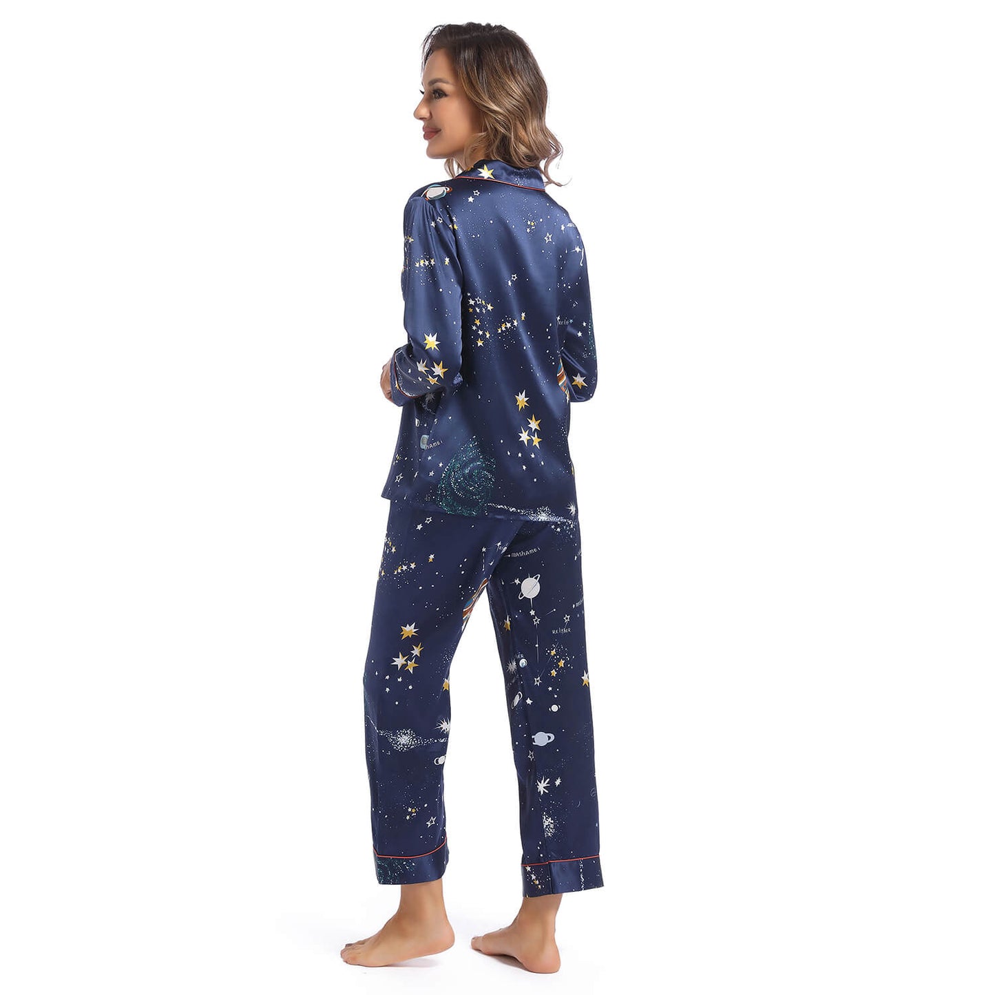 Printed silk pajama set Galaxy Women's Long Silk Two-Piece Pajamas Set