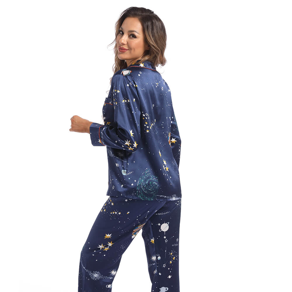 Printed silk pajama set Galaxy Women's Long Silk Two-Piece Pajamas Set