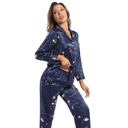 Printed silk pajama set Galaxy Women's Long Silk Two-Piece Pajamas Set