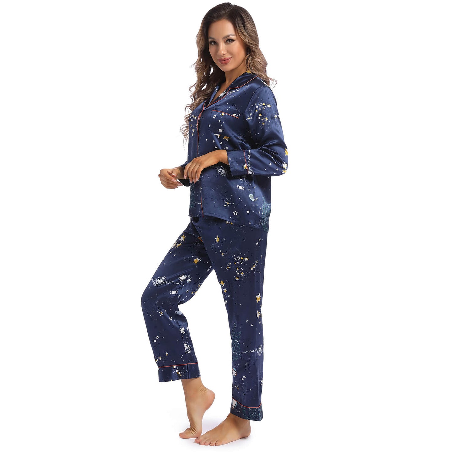 Printed silk pajama set Galaxy Women's Long Silk Two-Piece Pajamas Set