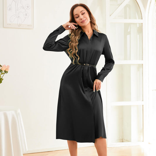 pure silk Midi Dresses Long Sleeve Button Down SIlk Formal Dresses