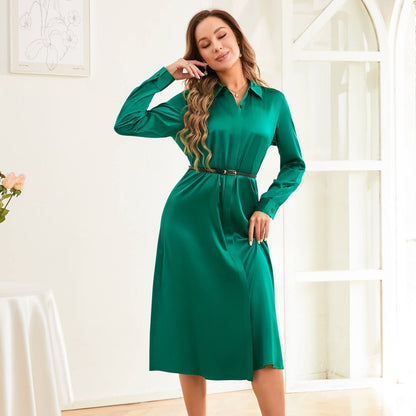 pure silk Midi Dresses Long Sleeve Button Down SIlk Formal Dresses