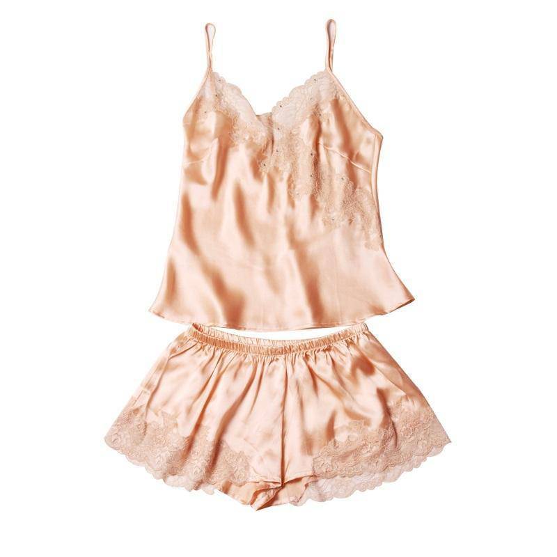 Sexy Lace-Trimmed  Short Silk Camisole Set for Women